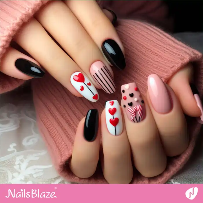 Valentine Black and Red Sweetheart Candies Nail Design | Valentine Nails - NB2194